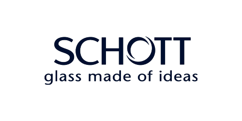 Blaues Logo von SCHOTT, Spezialglas und High-Tech-Anwendungen.