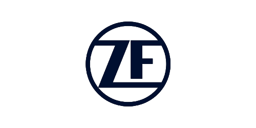 Blaues Logo von ZF, Antriebstechnologie und Sicherheitslösungen.