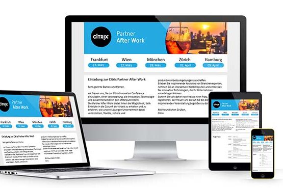 Digitale Einladung zum After Work Event von Citrix, gelayoutet auf Smartphone, Tablet und Computer
