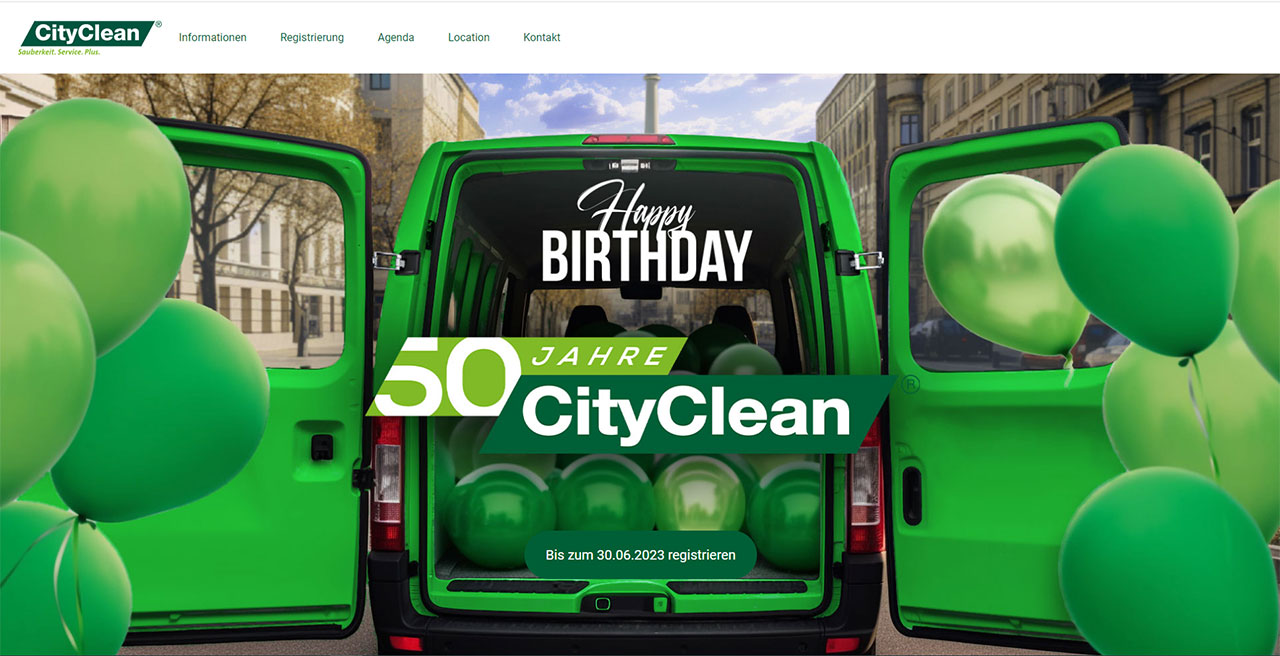 Landingpage der Digitalen Jubiläumseinladung mit Menü von CityClean