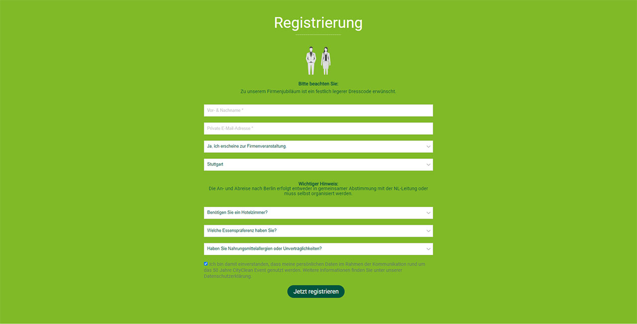 Registrieungslandingpage der Digitalen Jubiläumseinladung von CityClean