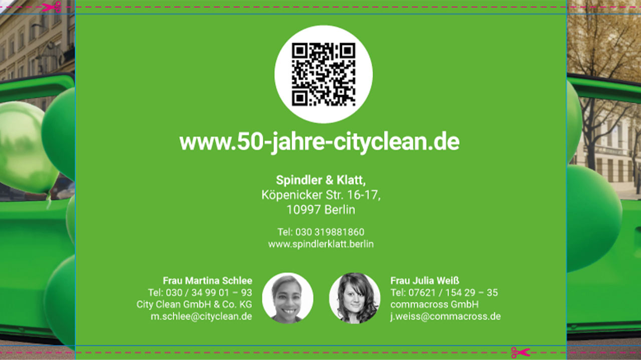 Kontaktdaten auf der Printeinladung für das Jubiläumsevents von CityClean