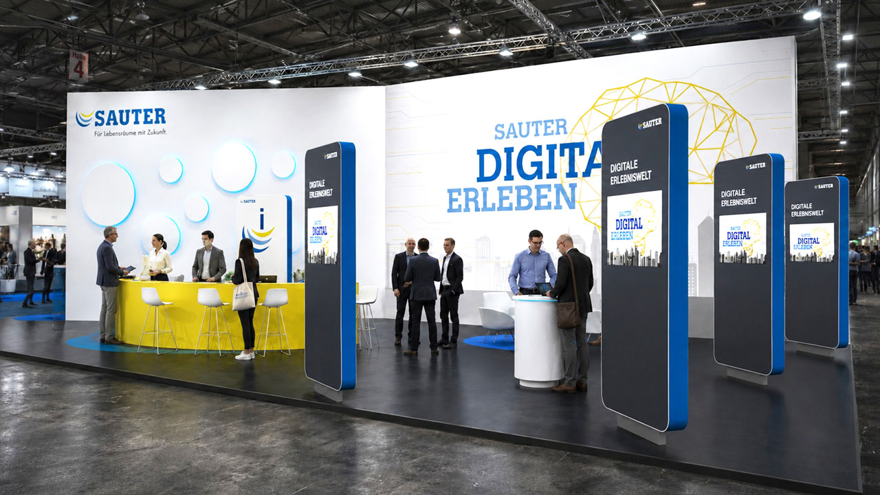 commacorss 2026 hybride messekonzepte 1 1 Von der Decke hängende LED-Cubes mit digitaler Bespielung auf dem Messestand von Endress+Hauser, 2018