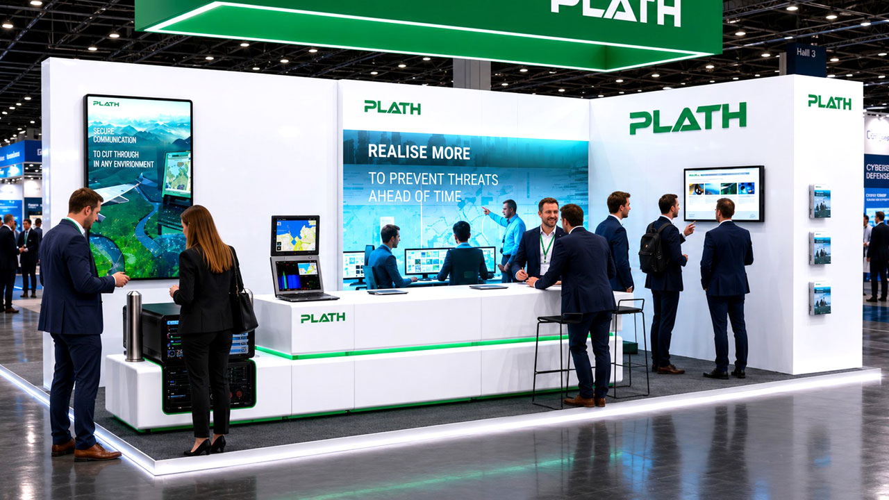 commacorss 2026 hybride messekonzepte 2 1 Messestand von Menshen mit digitalen Media-Stelen, Ansicht über Eck 2