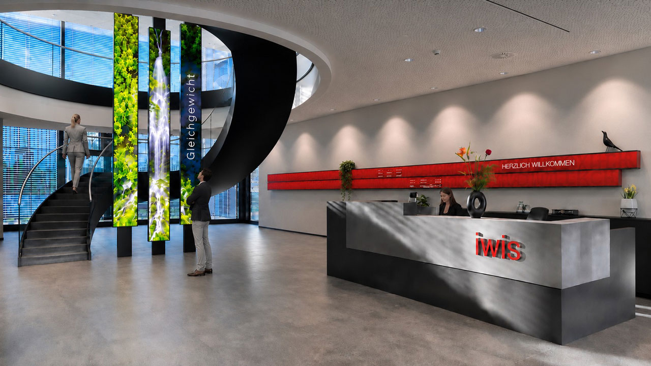 Entwurfs-Rendering für WAB Showroom in Muttenz, Basel mit ausgestellten Produkten, Sitzgelegenheit und digitalem Monitor