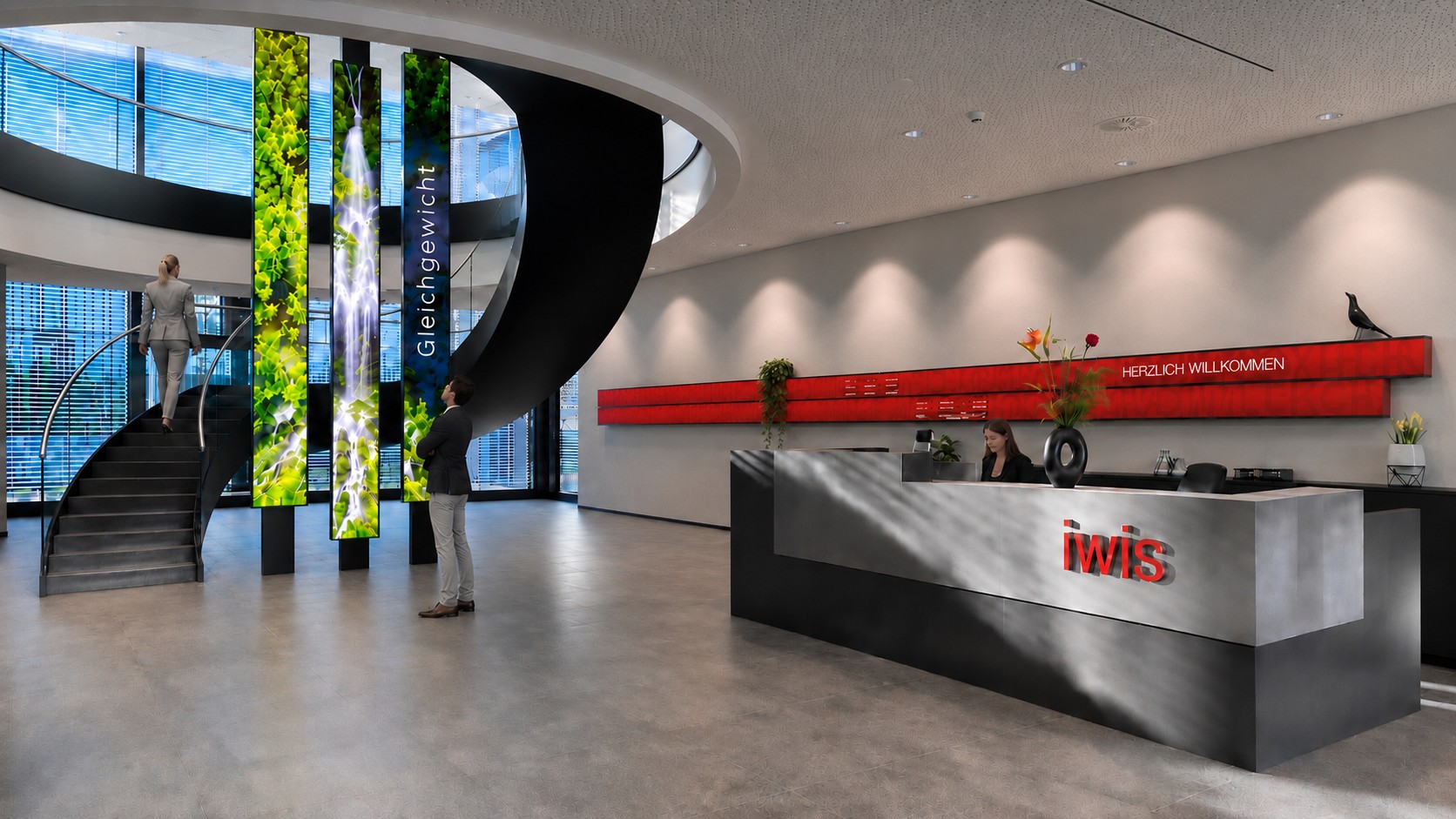 Entwurfs-Rendering für WAB Showroom in Muttenz, Basel mit ausgestellten Produkten, Sitzgelegenheit und digitalem Monitor