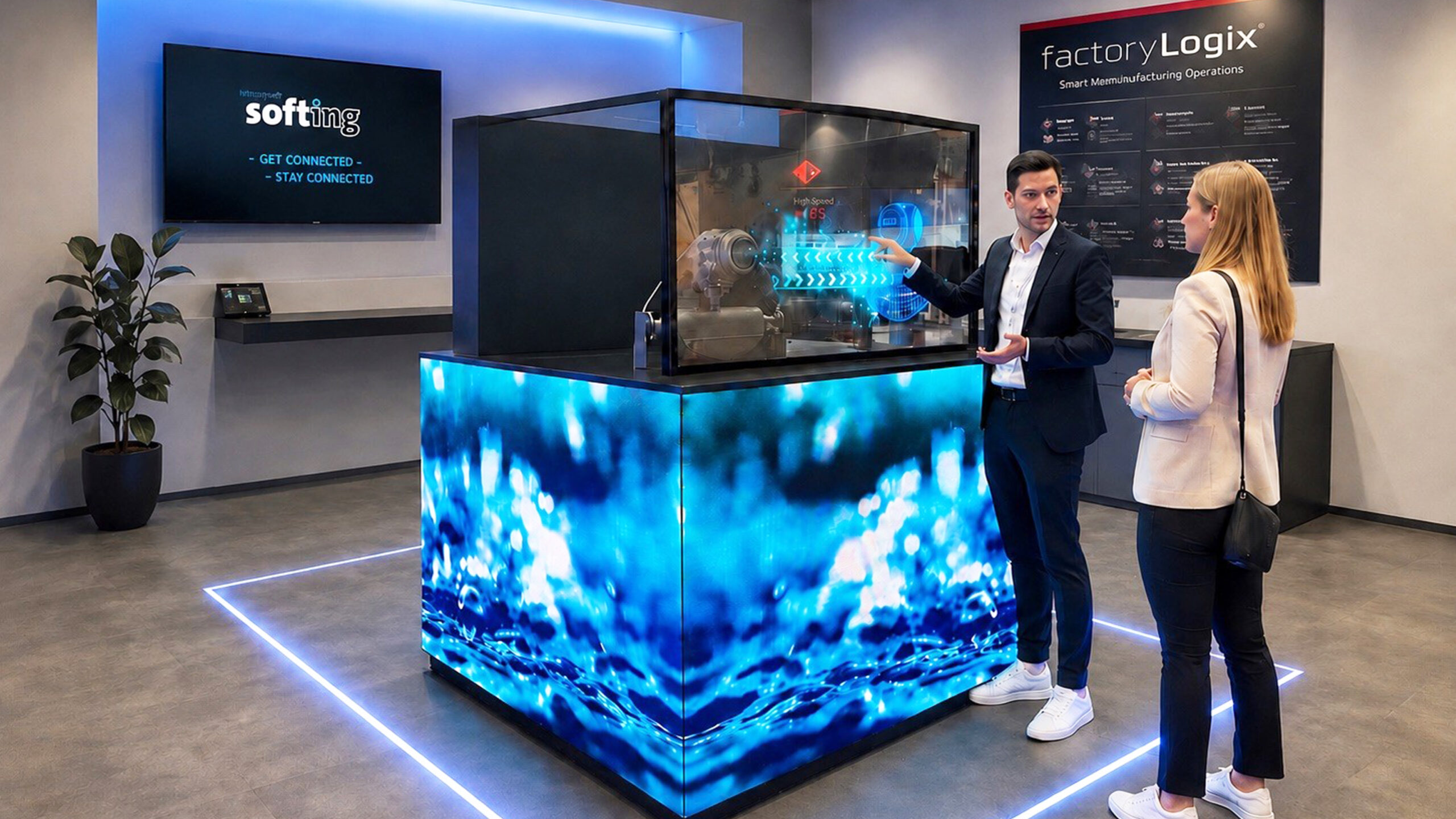 Digitaler Eyecatcher mit 5 Monitoren im Showroom von AUMA mit Imagefilm-Bespielung