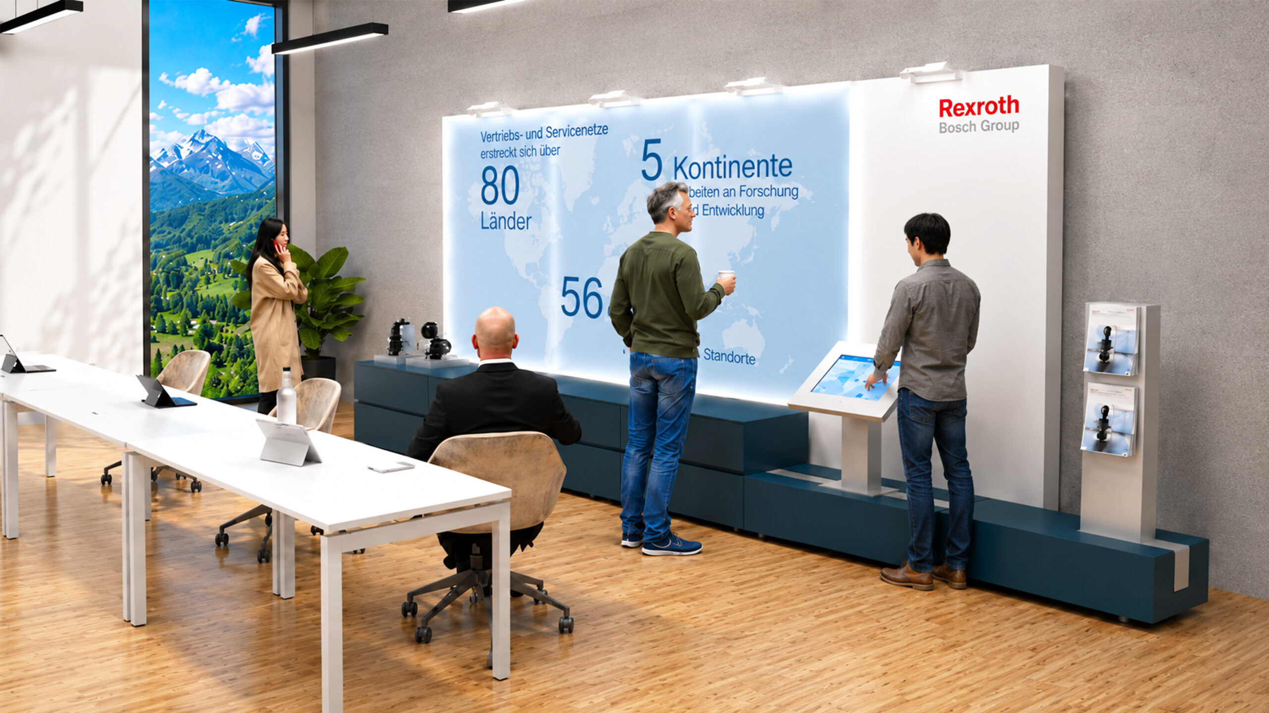 Foyer-Gestaltung für den Stäubli Showroom 2020, Nahaufnahme einer digitalen Vitrine in Basel/Allschwil