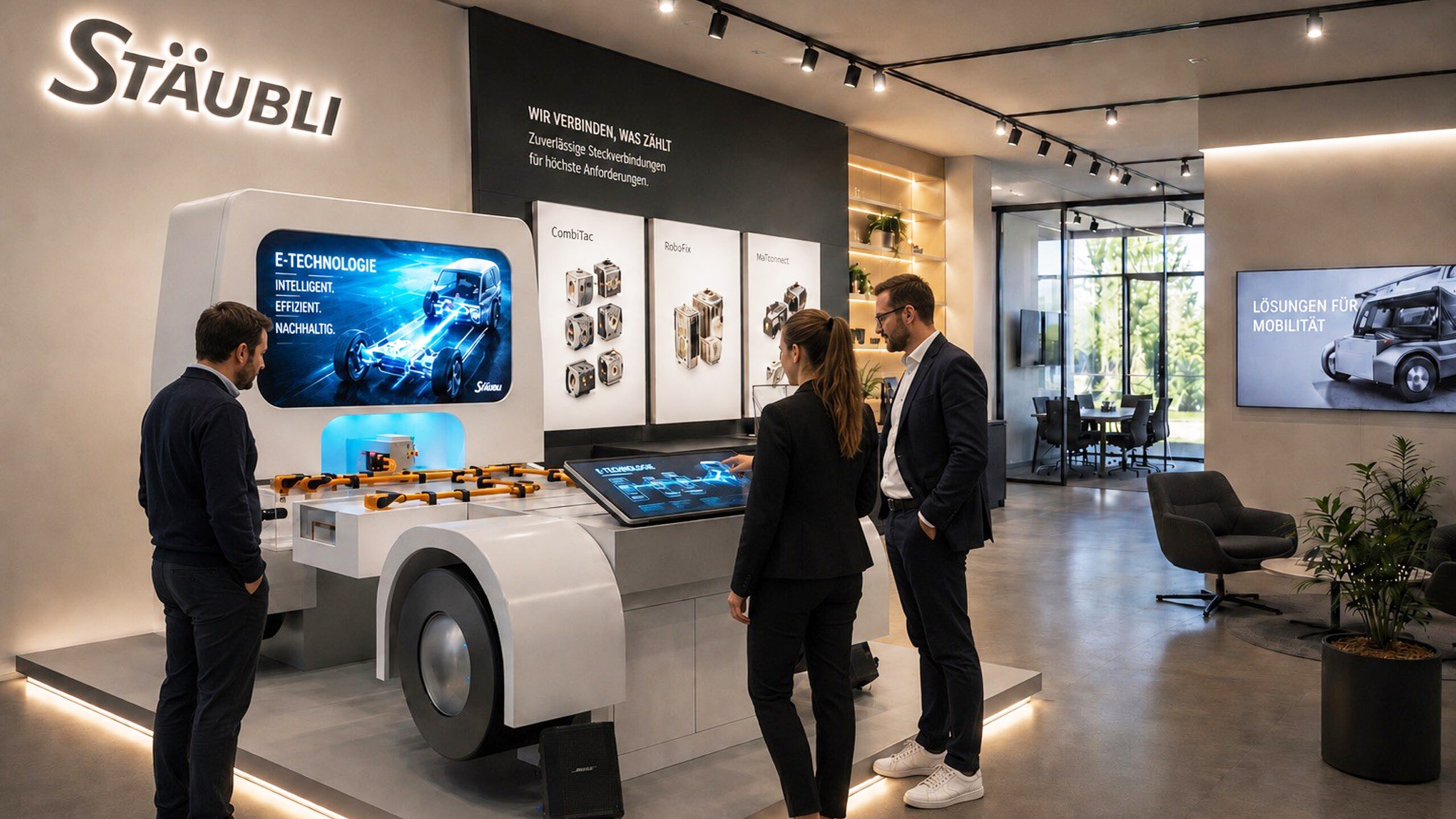 Hybrides Eyecatcher-Exponat für SEW mit ausgestellten Produkten, LED-Band und transparentem OLED-Monitor auf der SPS 2018 in Nürnberg