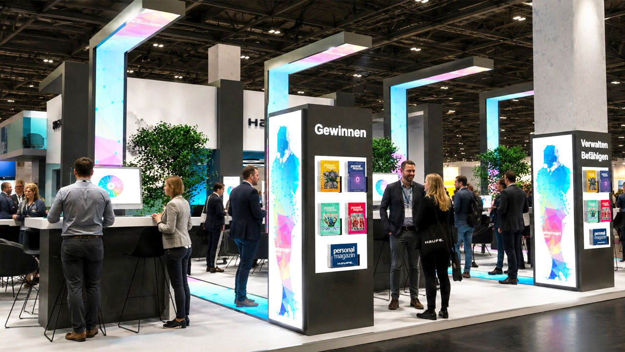 commacross 2026 moderner messestand 2 1 LED-Wand und LED-Elemente im Messestand-Konzept für die Securitas Gruppe