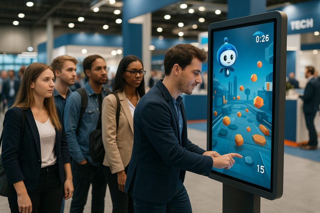 Mann spielt Collector Messe-Game auf vertikalem Touchbildschirm mit KI Avatar und wartenden Menschen
