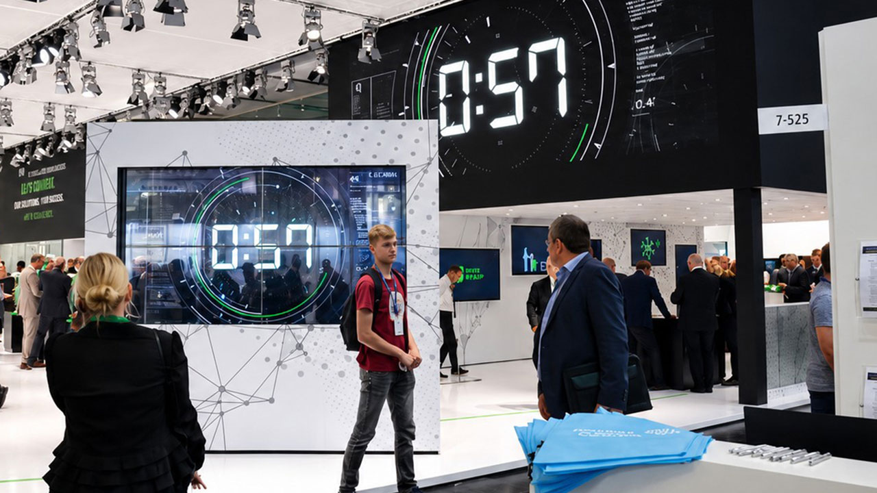commacrosss 2026 digitaler messeauftritt 1 Kleiner Messestand von Vitronic in Systembauweise mit digitalem Eyecatcher mit integrierten Monitoren