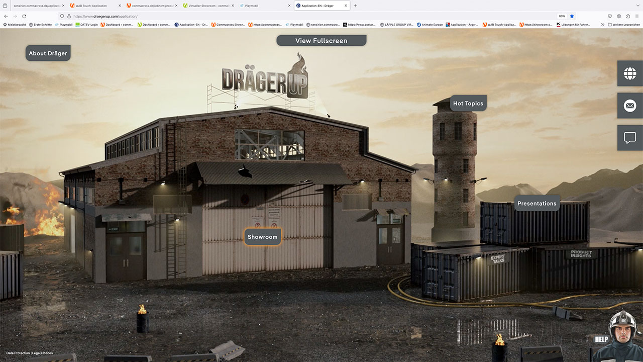 Startbild des virtuellen Showrooms von Dräger im Stil einer alten Industriehalle
