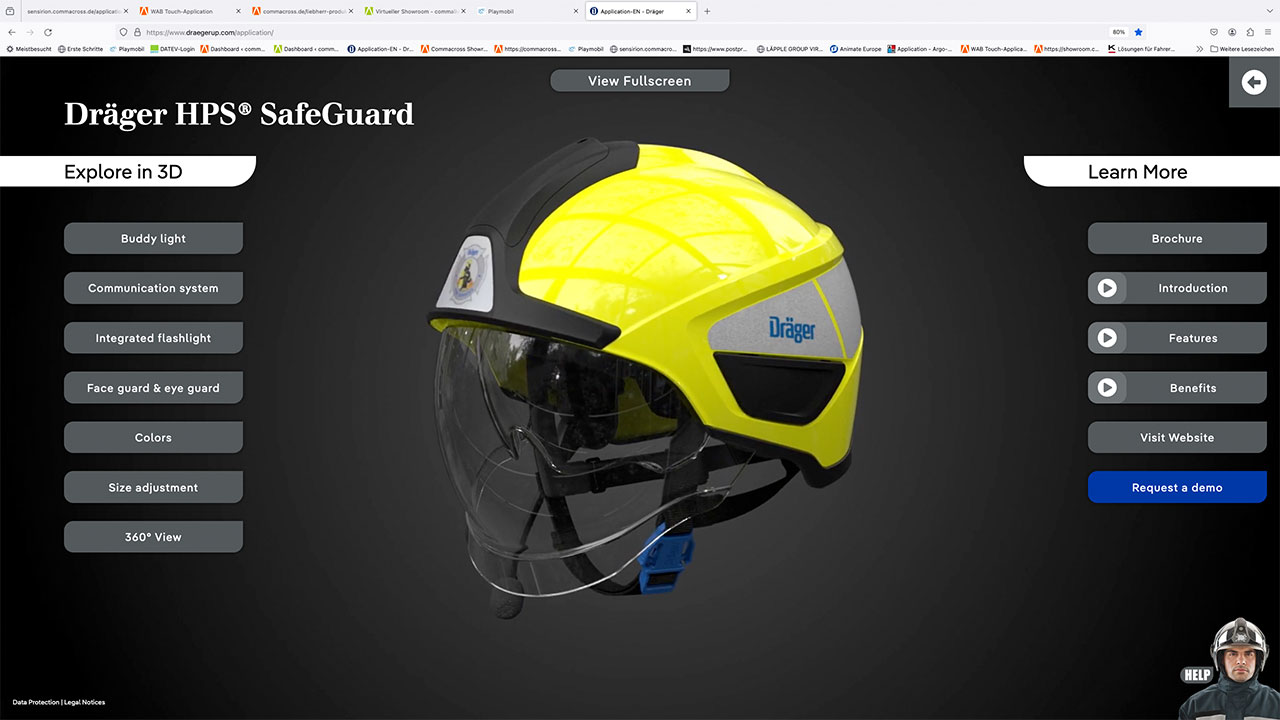 Virtueller Showroom von Dräger, dreidimensionale Produktansicht auf den Dräger HPS SafeGuard Helm mit interaktiven Touch-Points