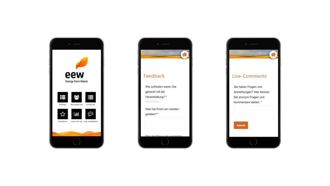 3 Ansichten der digitalen Event App für EEW auf Smartphone mit Welcome-Seite, Feedback und Live-Comment