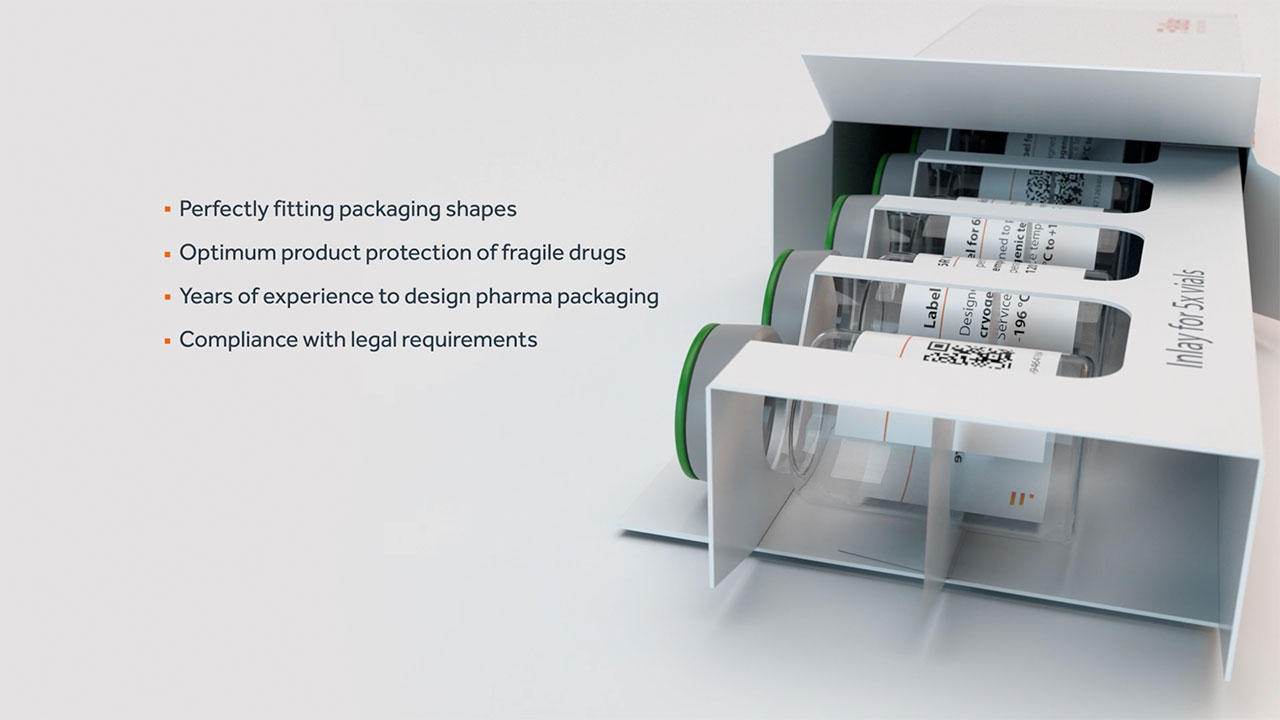 3D Visualisierung der Eco Flex Pharmaverpackung von Faller Packaging mit erklärenden Produktinformationen