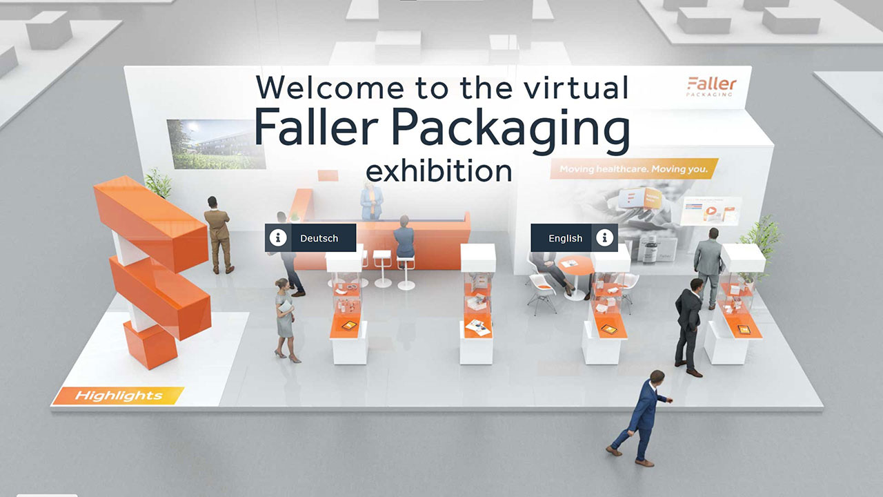 Virtueller Messestand für Faller Packaging, Startbildschirm mit Sprachauswahl