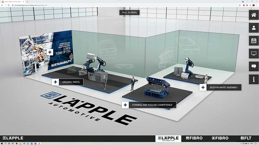 3D-Ansicht auf den virtuellen Messestand von Läpple mit 3d-Produkten und Touch-Points