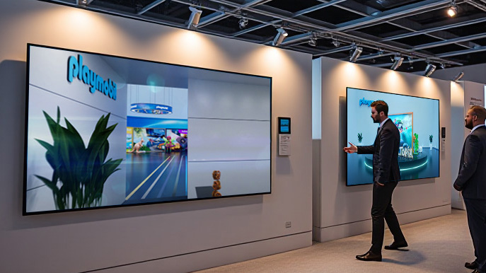 Mann spielt Memory Touch Game von Bosch auf einem großen Bildschirm