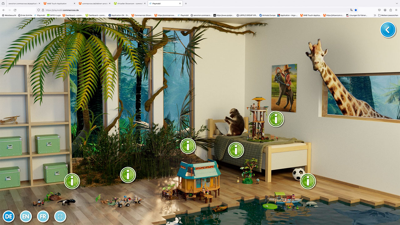 Virtueller Showroom von Playmobil zur Reihe Wiltopia mit Touch-Points und Gestaltung als Kinderzimmer