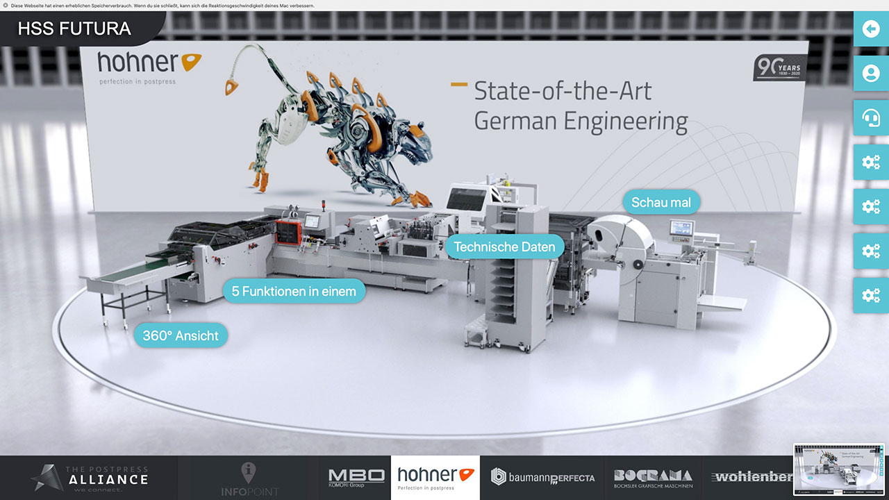 Dreidimensionale Drucker-Maschine auf dem virtuellen Messestand von Hohner, inklusive Touch-Points mit Produktinformationen