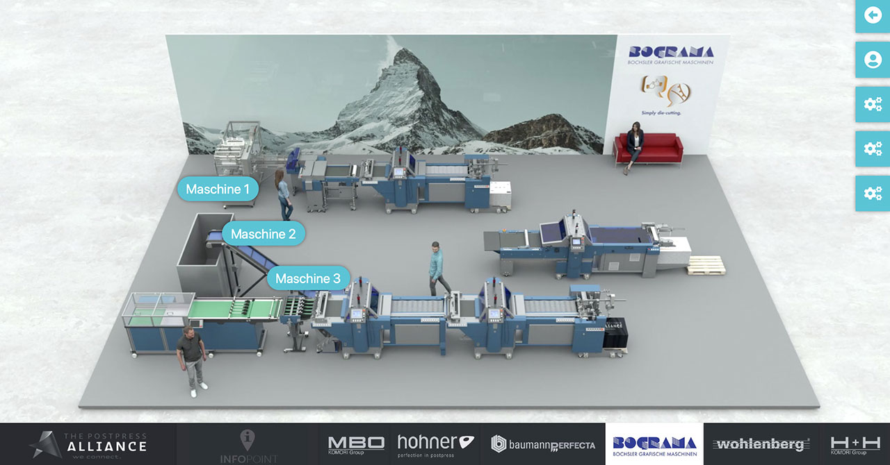 Dreidimensionale Drucker-Maschine auf dem virtuellen Messestand von Bograma, inklusive Touch-Points mit Produktinformationen