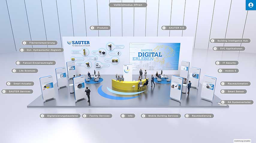 Frontal-Ansicht auf den virtuellen Messestand von Sauter mit interaktiven Touch-Points