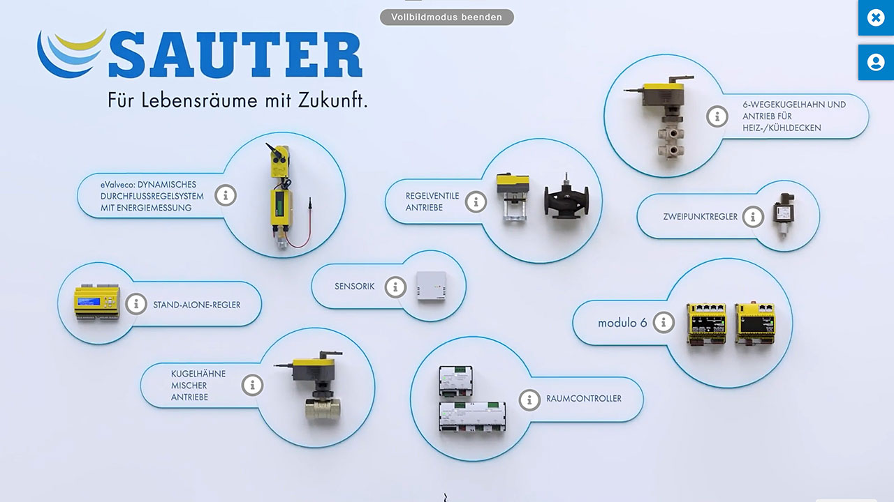 Dreidimensionale Produkte auf dem virtuellen Messestand von Sauter, inklusive Touch-Points mit Produktinformationen