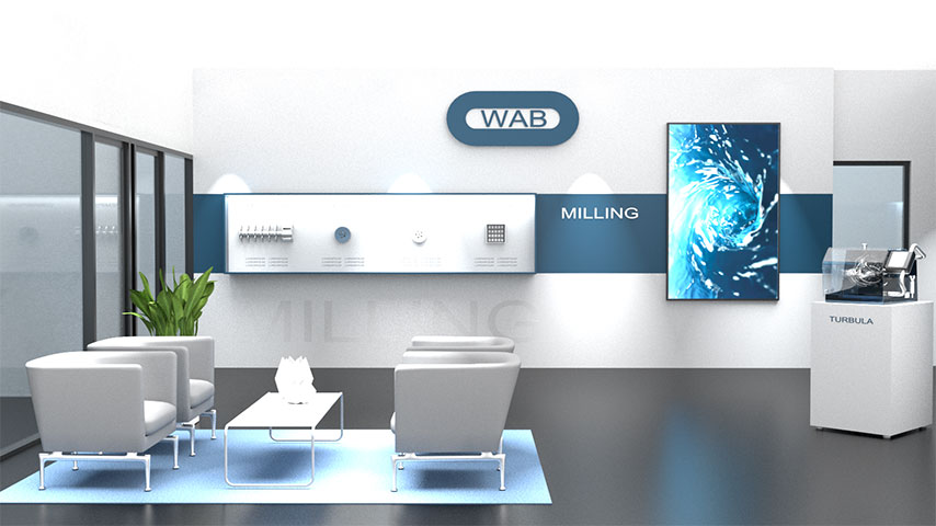 Entwurfs-Rendering für WAB Showroom in Muttenz, Basel mit ausgestellten Produkten, Sitzgelegenheit und digitalem Monitor