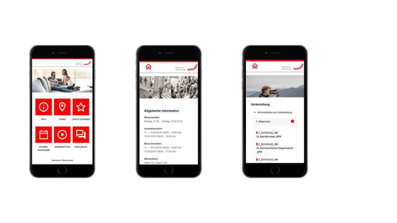 3 Ansichten der digitalen Event App für Zehnder auf Smartphone mit Welcome-Seite, Allgemeine Informationen und Vorbereitung