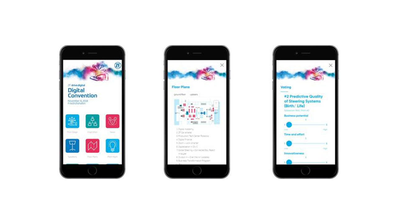 3 Ansichten der digitalen Event App für ZF auf Smartphone mit Welcome-Seite, Floor Plans und Voting