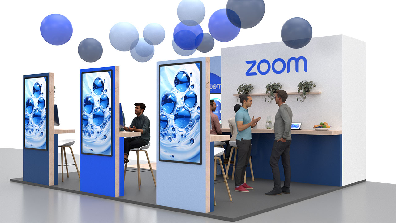 3D-Visualisierung eines Standes für ein Zoom Event, Seitenansicht