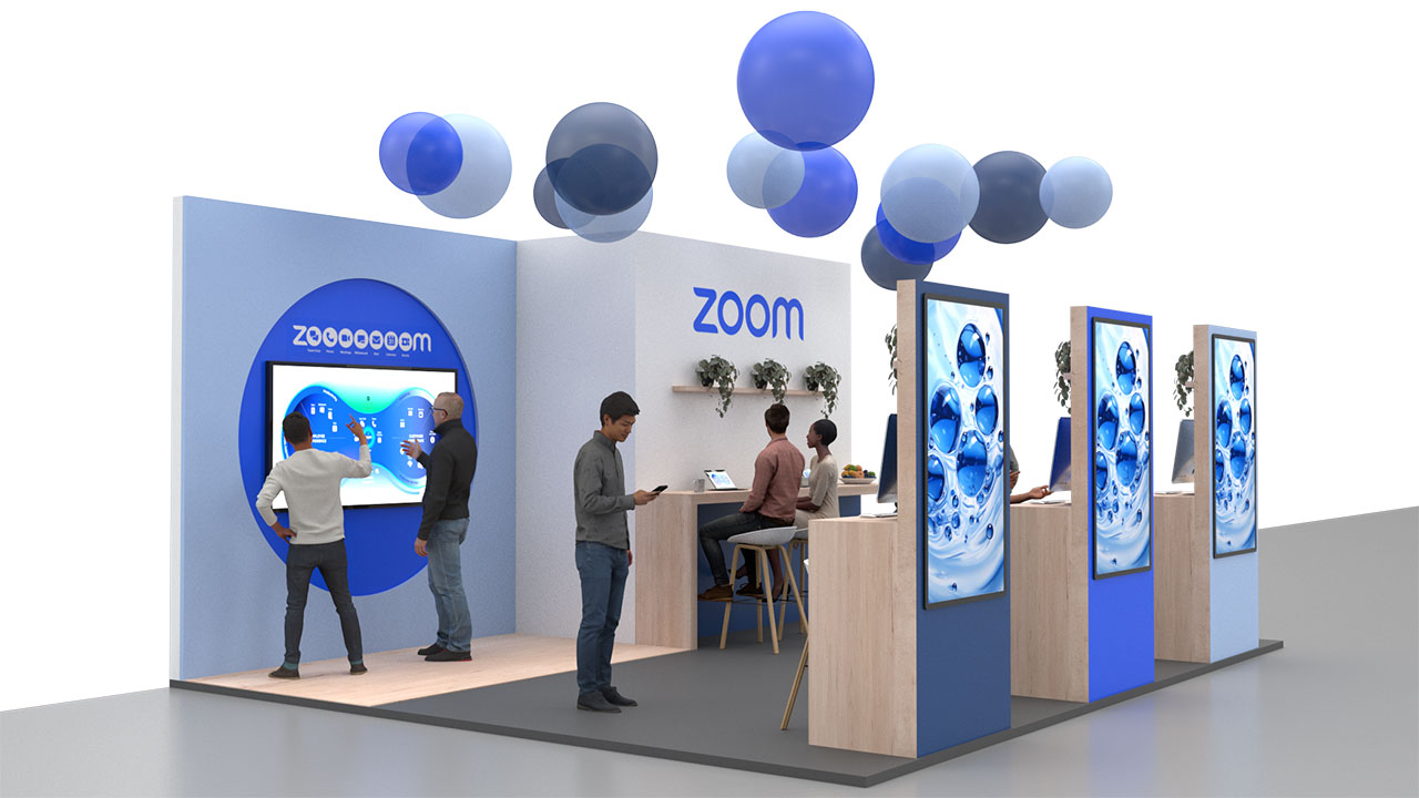 3D-Visualisierung eines Standes für ein Zoom Event, Gesamtansicht